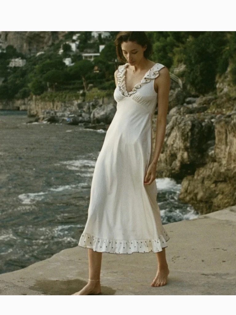 Nwt Caroline Constas Ivory Ruffled Polka Dot Trim Slip Dress Size L Cottage Core
